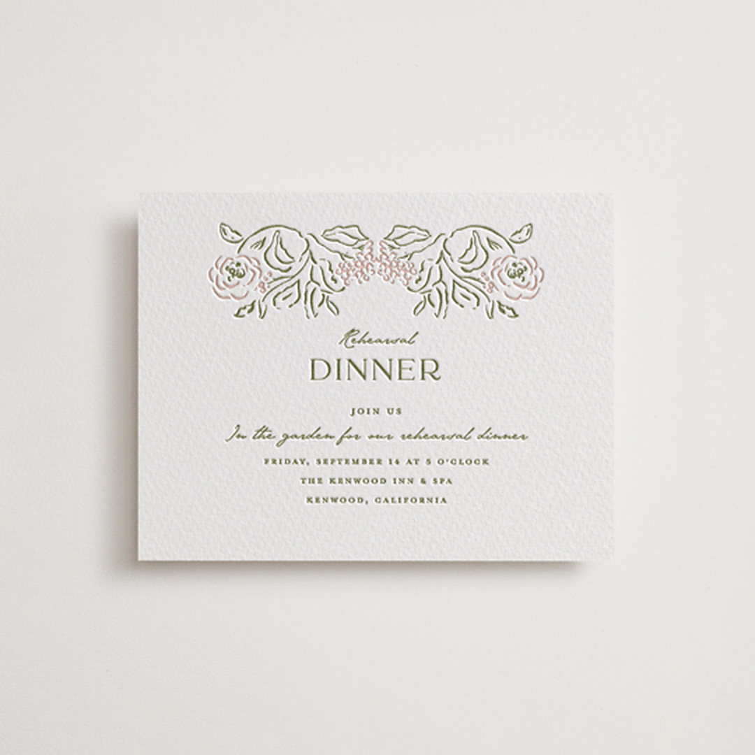 "Sketched Foliage" - Letterpress Rehearsal Dinner Cards in Nude by Susan Zinader - Front