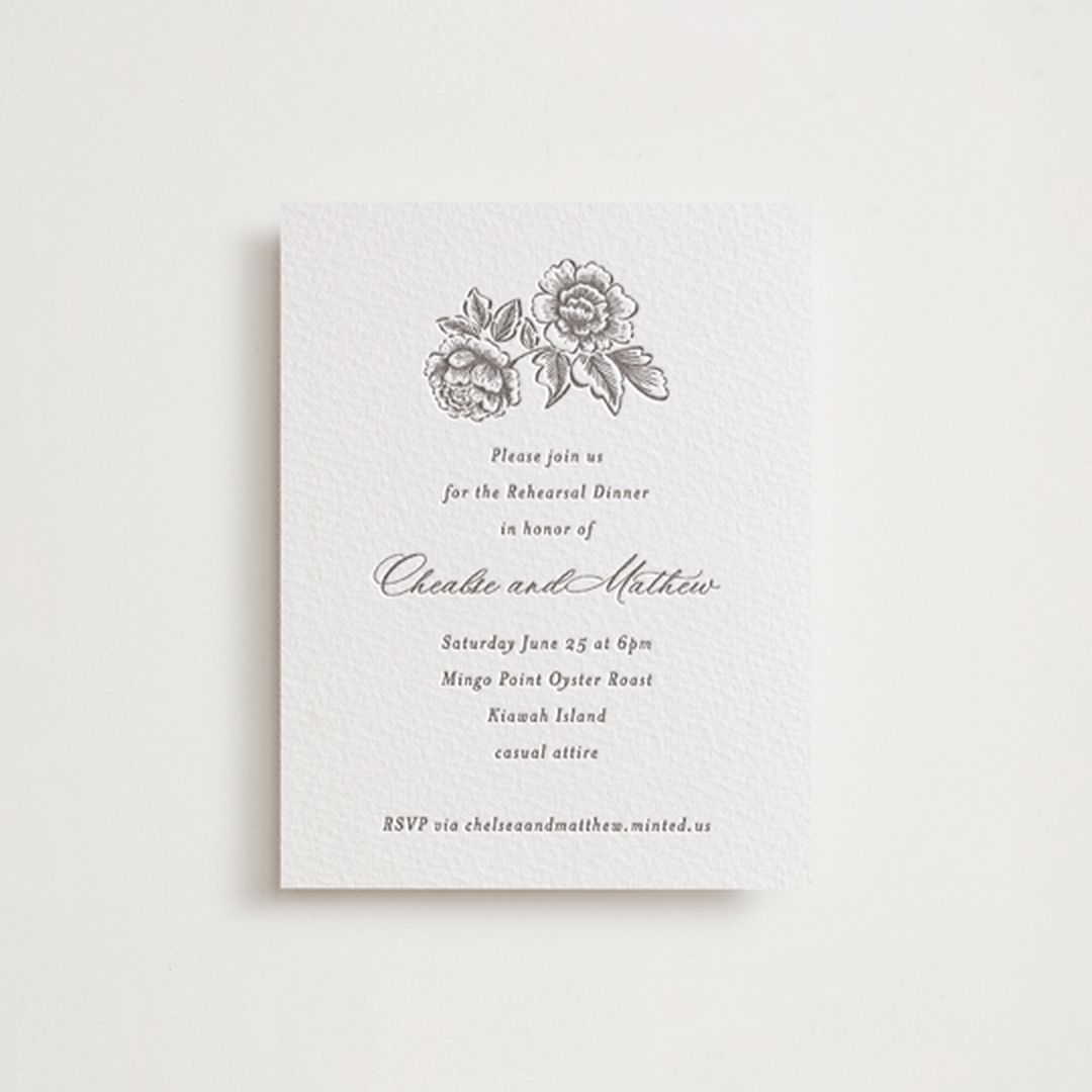 "Wedding Press" - Letterpress Rehearsal Dinner Cards in Graphite by Chris Griffith - Front