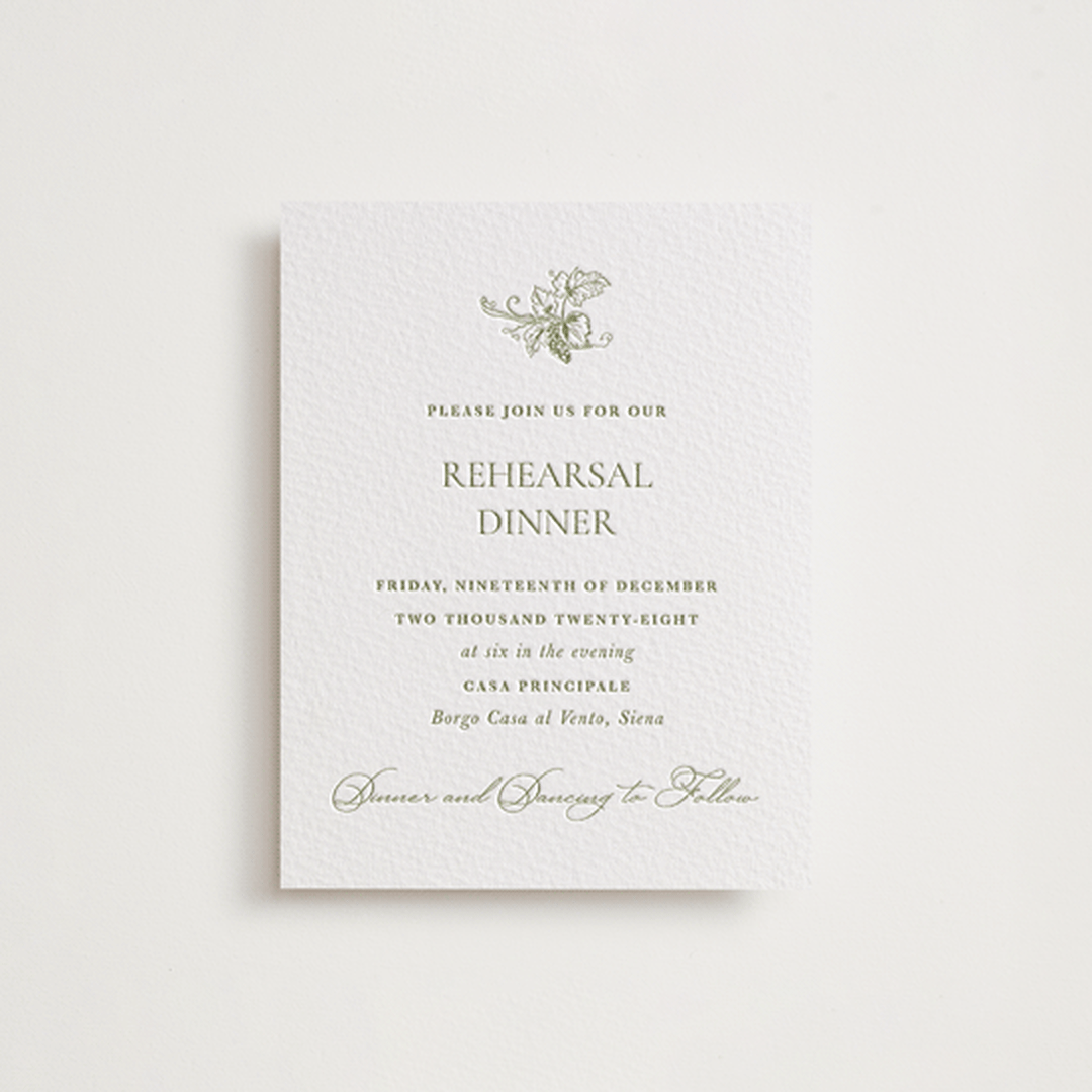 "Vineyard Elegance" - Letterpress Rehearsal Dinner Cards in Pistachio by Lucrecia Caporale - Front