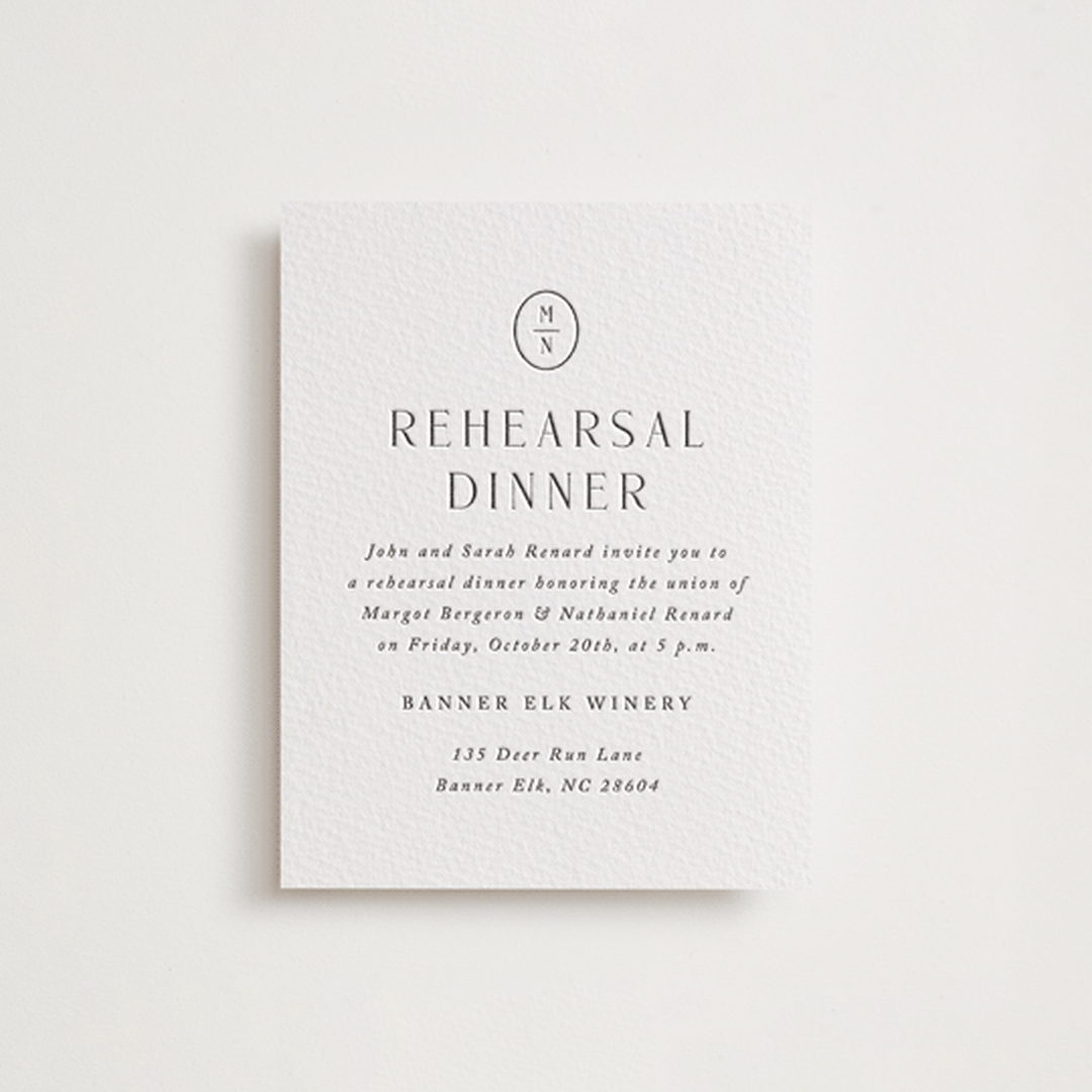 "Minimalist Monogram" - Letterpress Rehearsal Dinner Cards in Soft Black by Olivia Raufman - Front