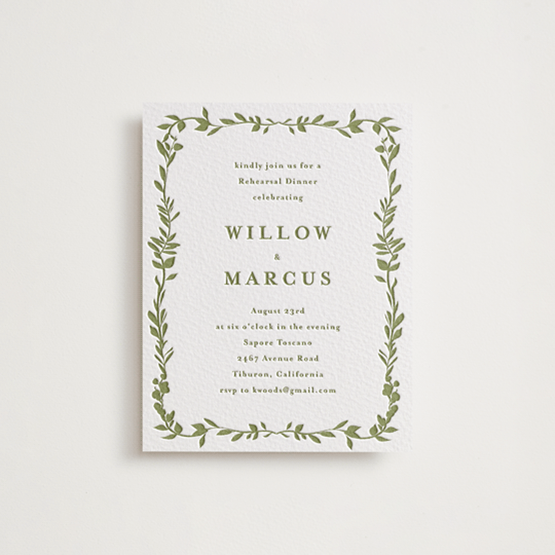 "Greenery Vine" - Letterpress Rehearsal Dinner Cards in Pistachio by Susan Moyal - Front