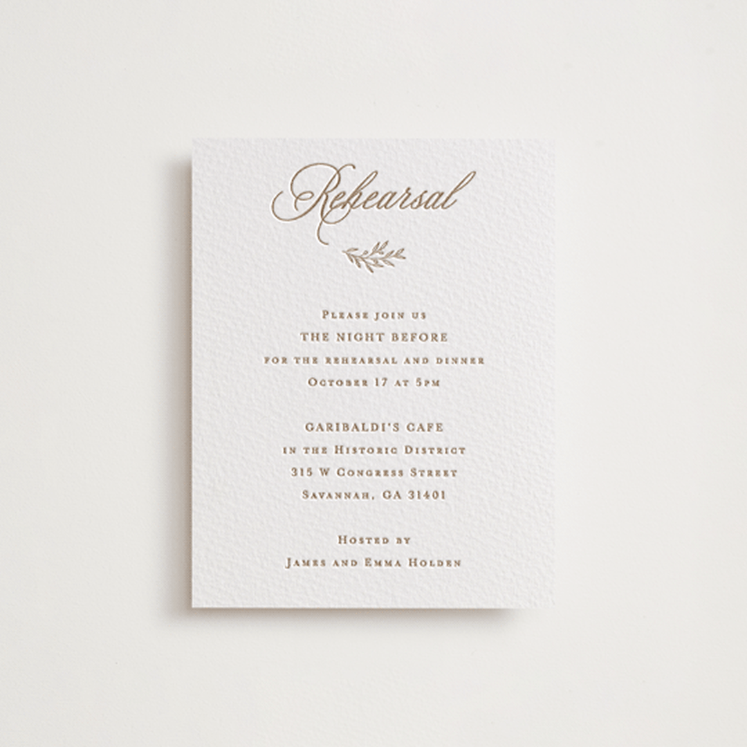 "Vineyard Script" - Letterpress Rehearsal Dinner Cards in Matte Gold by Hooray Creative - Front