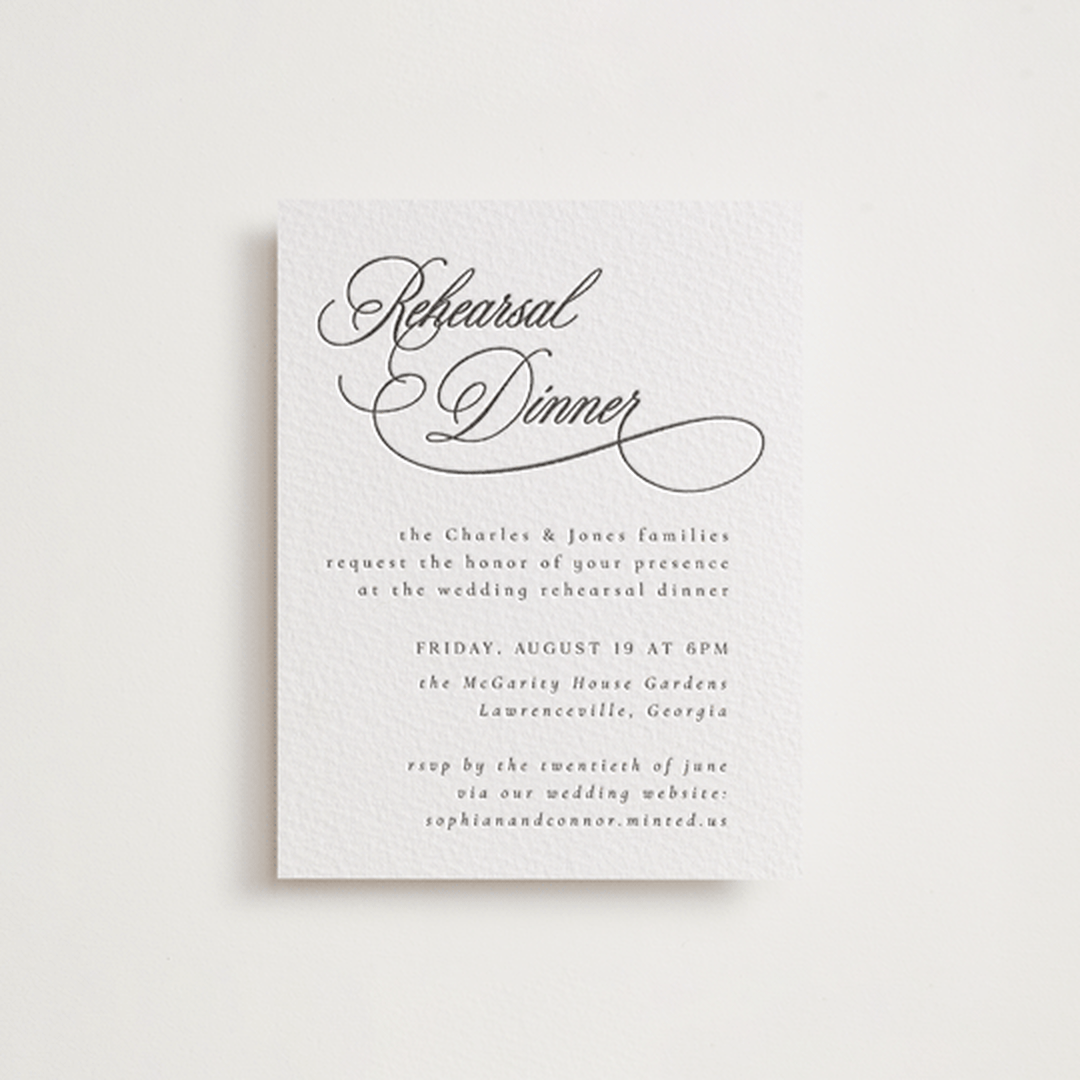 "Us" - Letterpress Rehearsal Dinner Cards in Soft Black by Nicole Walsh - Front