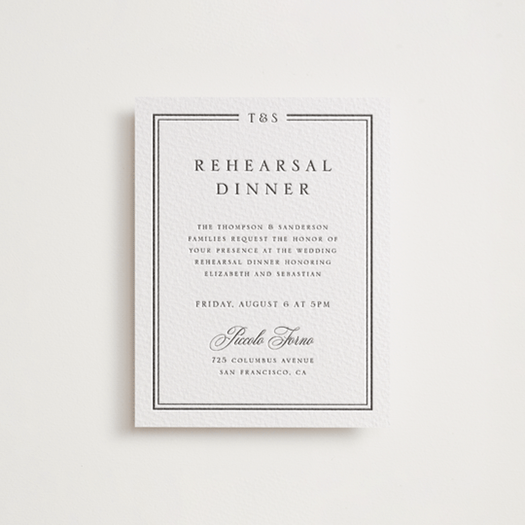 "Classic Frame" - Letterpress Rehearsal Dinner Cards in Soft Black by Nicole Walsh - Front