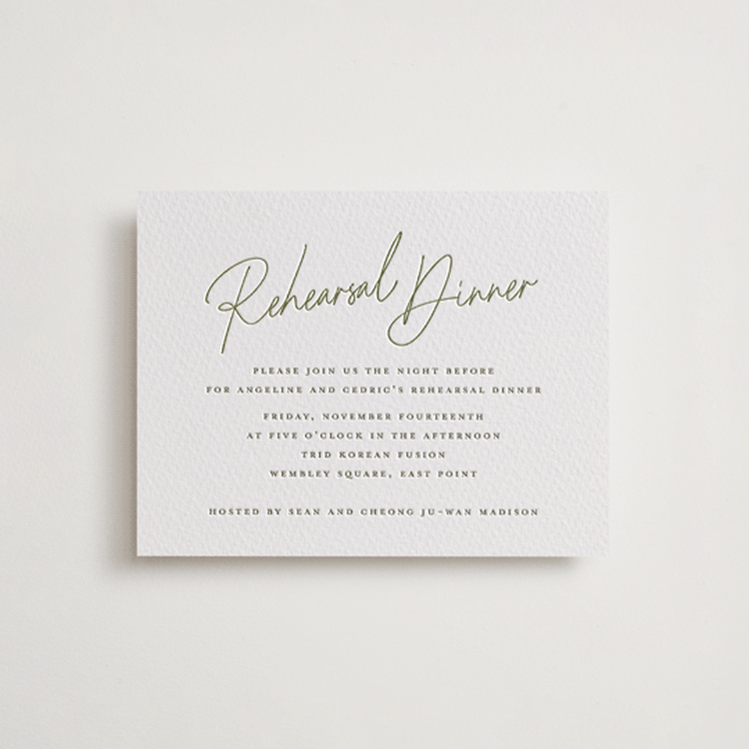 "angeline" - Letterpress Rehearsal Dinner Cards in Moss by chocomocacino - Front