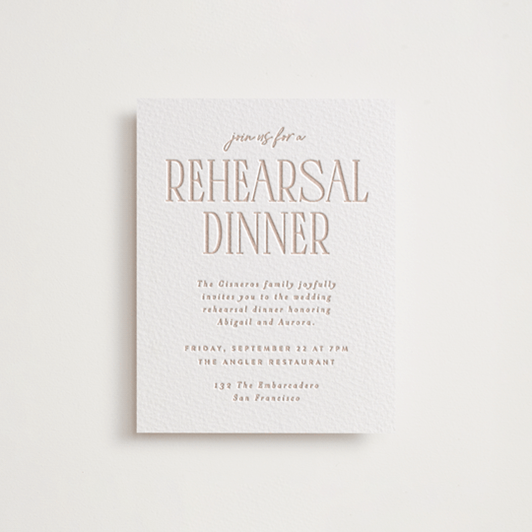"title" - Letterpress Rehearsal Dinner Cards in Latte by JoAnn Jinks - Front