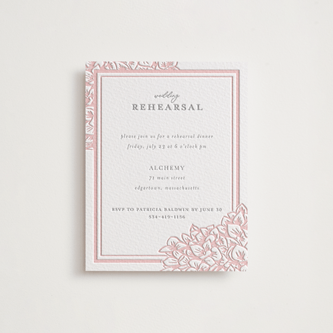"Hydrangea Blooms" - Letterpress Rehearsal Dinner Cards in Blush by Paula Pecevich - Front