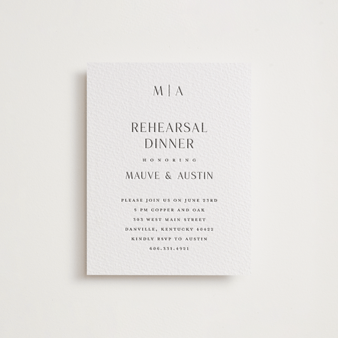 "Simple charm" - Letterpress Rehearsal Dinner Cards in Soft Black by Stacey Meacham - Front