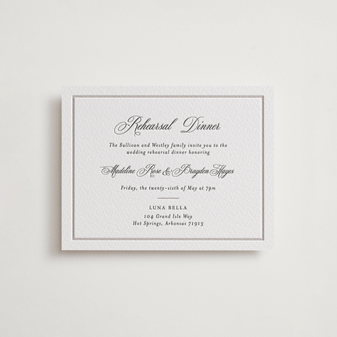 "Royal" - Letterpress Rehearsal Dinner Cards in Soft Black by Melinda Denison - Front