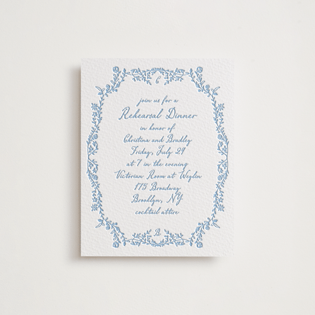 "Garden romance" - Letterpress Rehearsal Dinner Cards in Sky Blue by Creo Study - Front