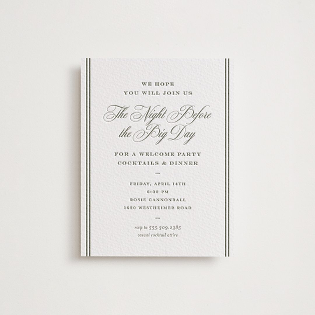 "Putnam" - Letterpress Rehearsal Dinner Cards in Moss by Megan Davis - Front