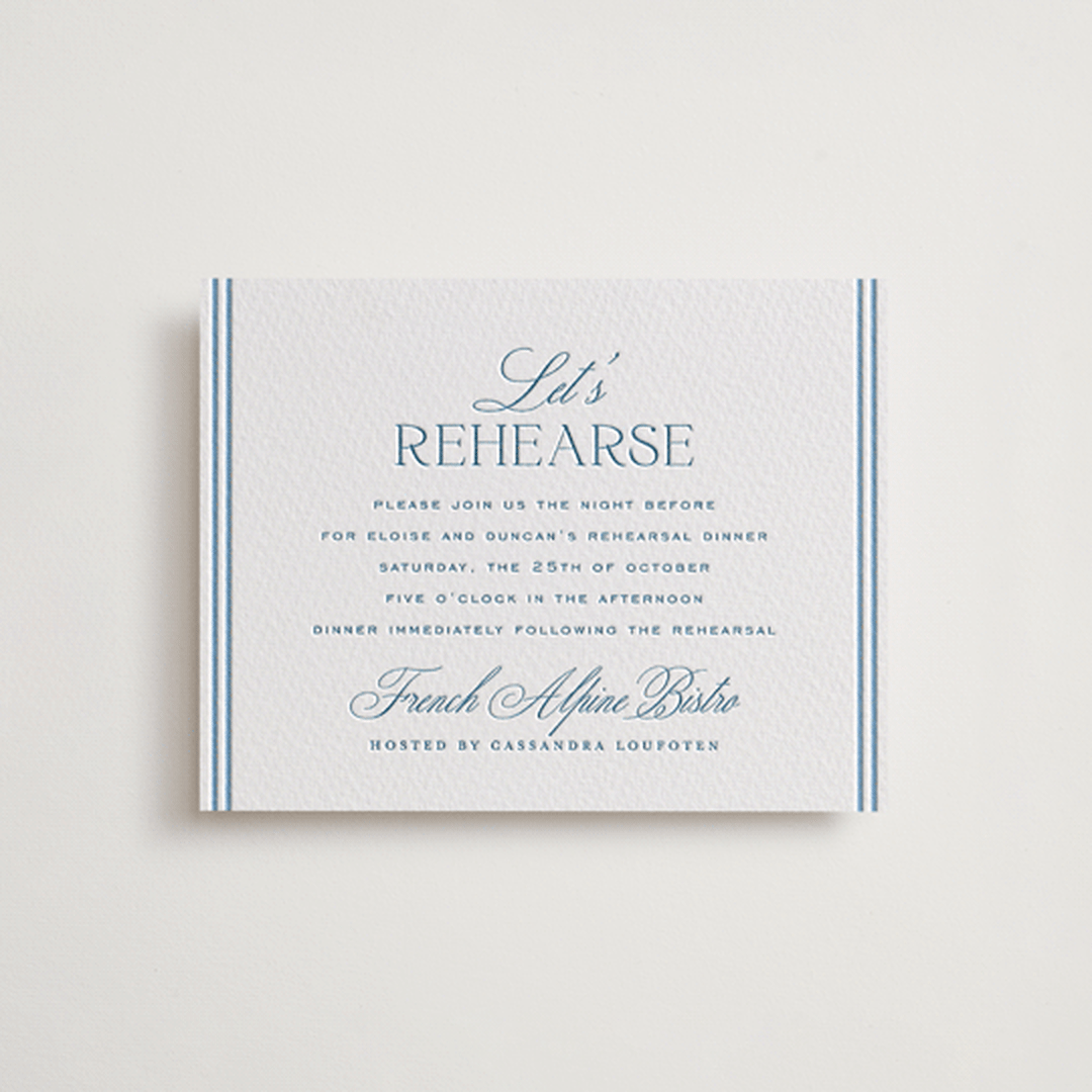 "ricciarelli" - Letterpress Rehearsal Dinner Cards in Denim by chocomocacino - Front