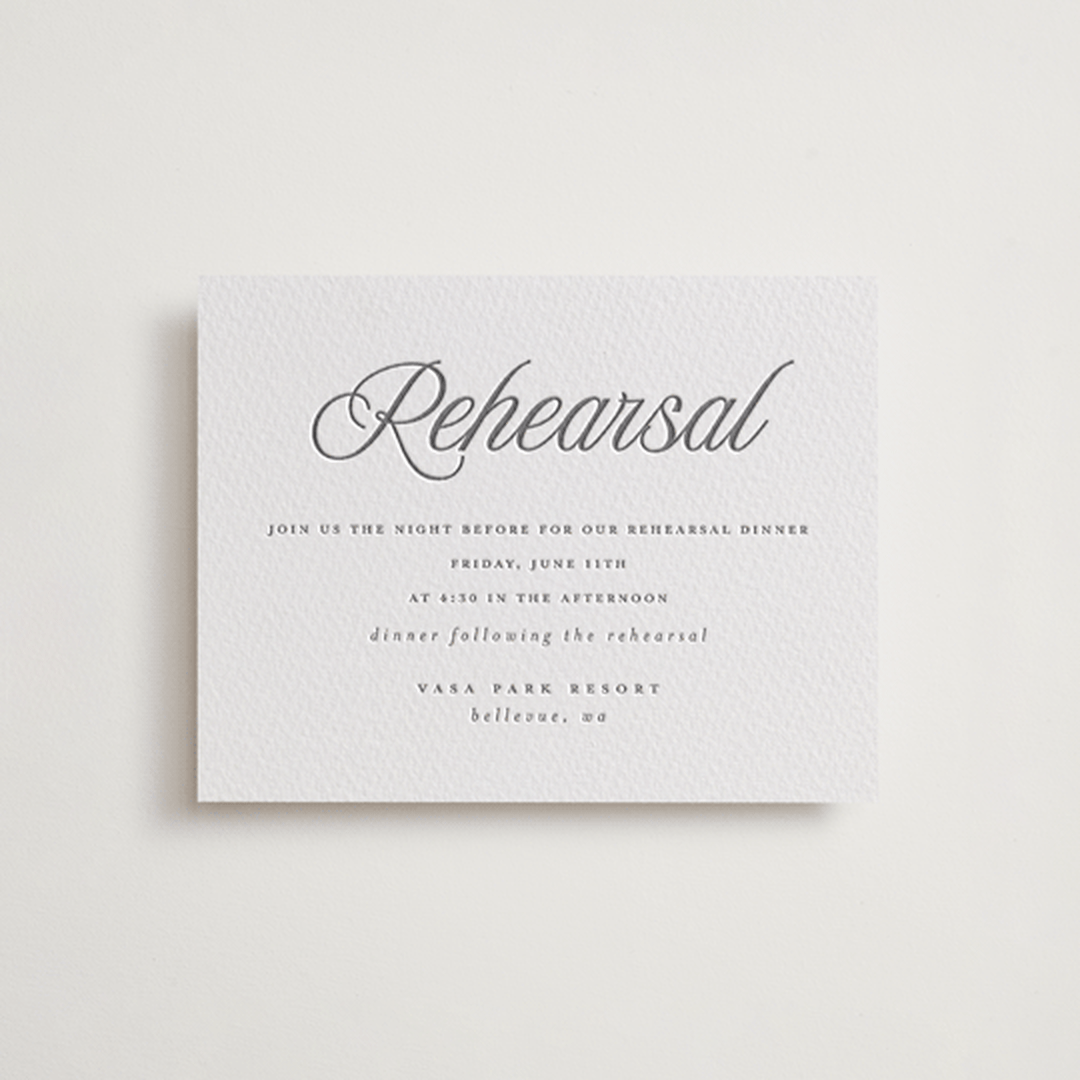 "Icon" - Letterpress Rehearsal Dinner Cards in Gravel by Vera Lim - Front