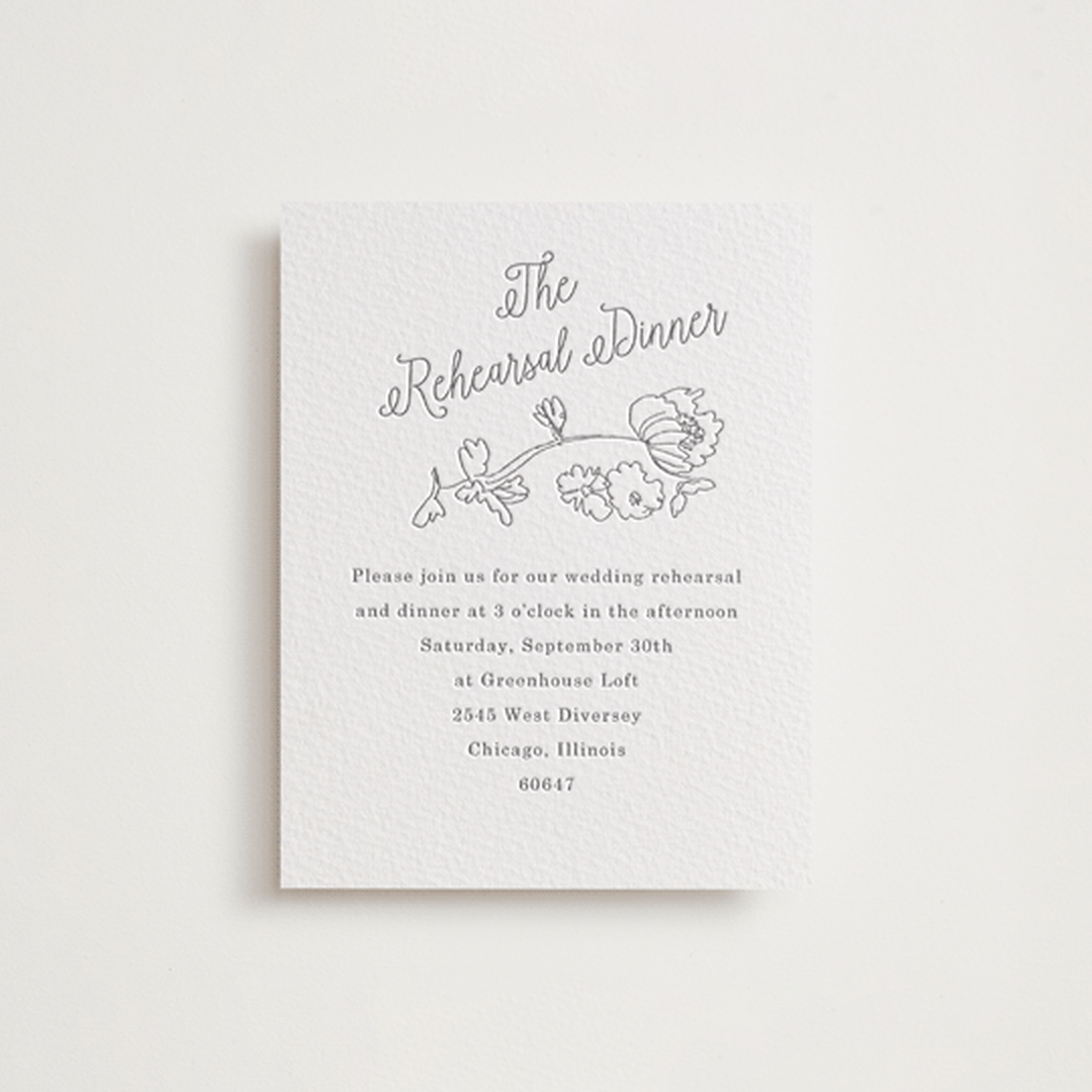 "Note" - Letterpress Rehearsal Dinner Cards in Gravel by Baumbirdy - Front