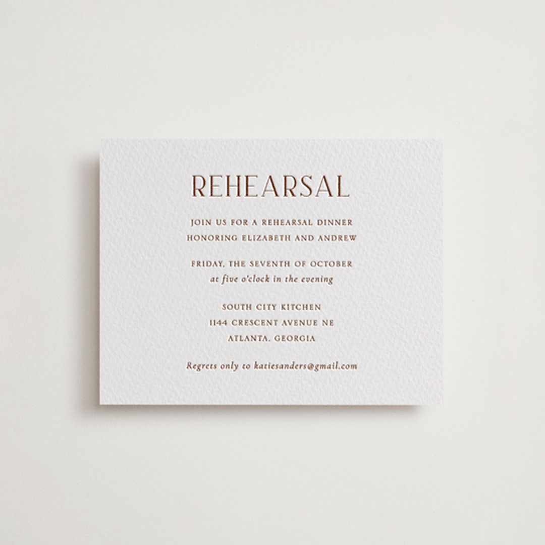 "chic" - Letterpress Rehearsal Dinner Cards in Burnt Sienna by Vanessa Doyle - Front