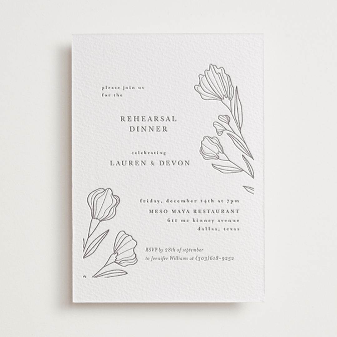 "Bouvardia" - Letterpress Rehearsal Dinner Cards in Graphite by Deynaaz Daraei - Front