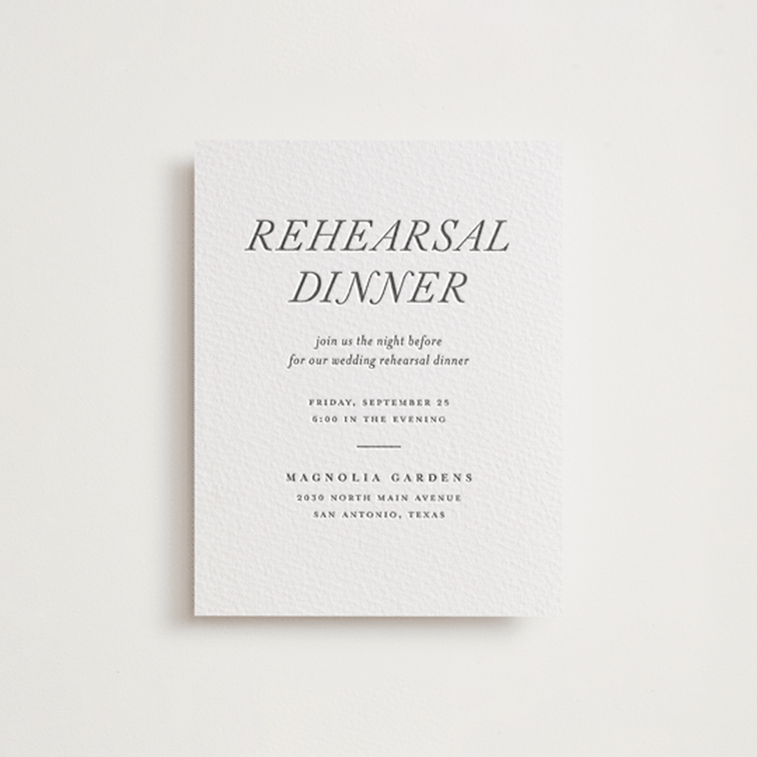"Magnolia" - Letterpress Rehearsal Dinner Cards in Pewter by Eric Clegg - Front