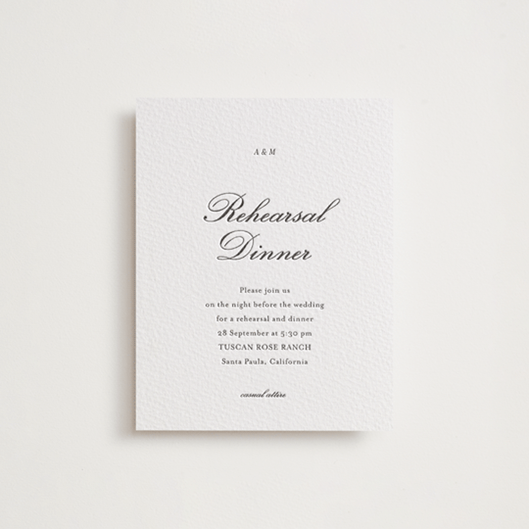 "Finely" - Letterpress Rehearsal Dinner Cards in Soft Black by Ani Somi - Front