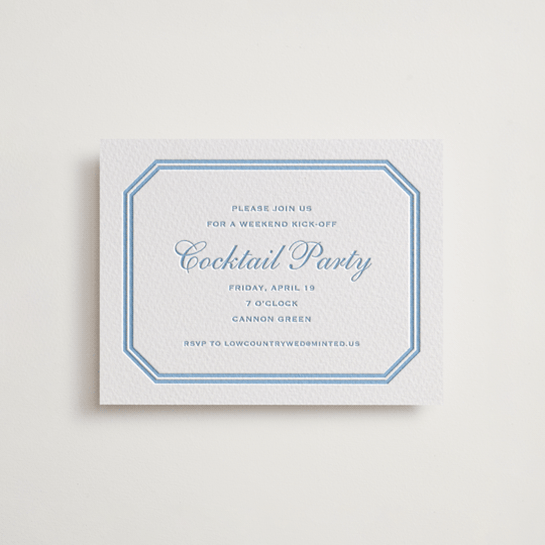 "Danbury" - Letterpress Rehearsal Dinner Cards in Sky Blue by Megan Davis - Front