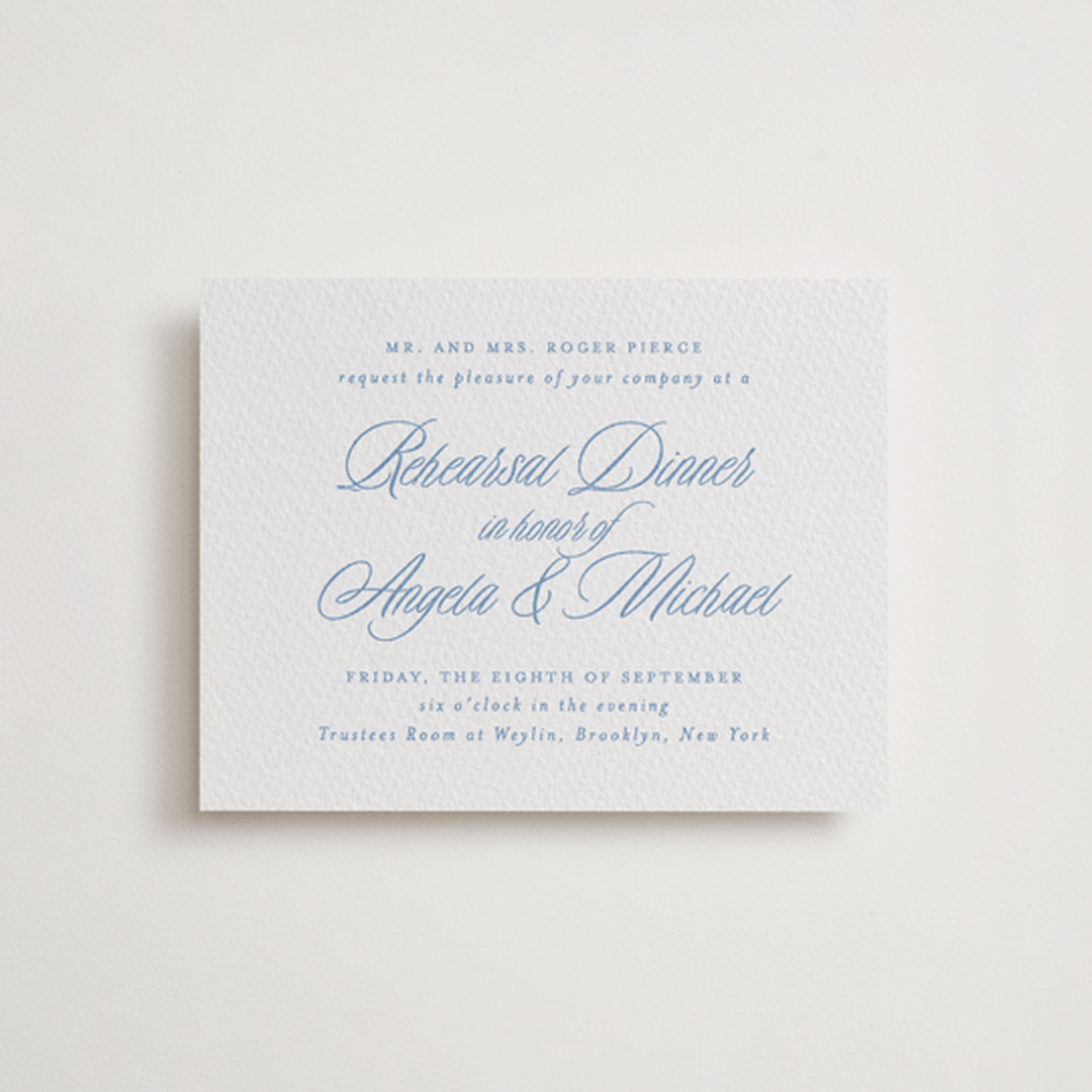"Stately" - Letterpress Rehearsal Dinner Cards in Provincial Blue by Creo Study - Front