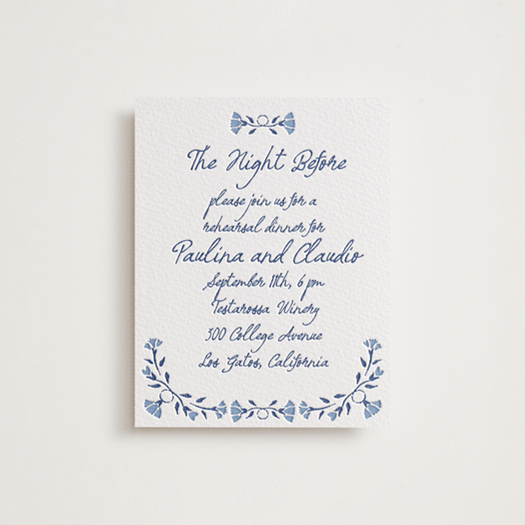 "Talavera" - Letterpress Rehearsal Dinner Cards in Lapis by Tamara Hilje - Front
