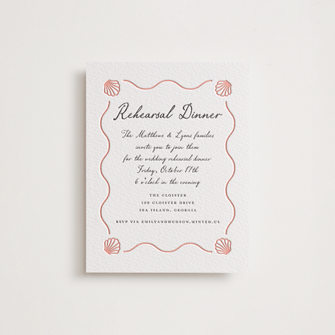 "Ocean Love" - Letterpress Rehearsal Dinner Cards in Peach by Alston Foster - Front