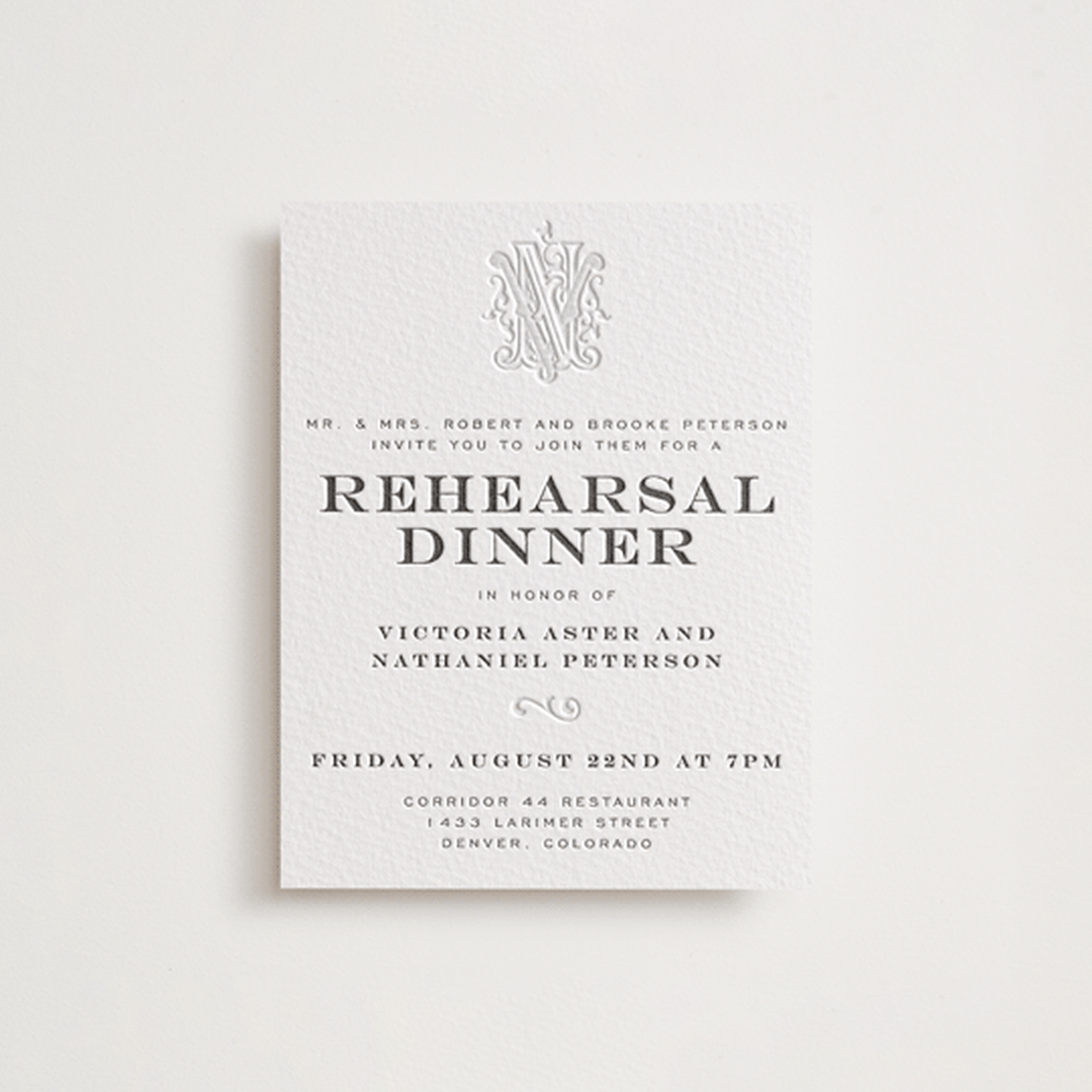 "Classically" - Letterpress Rehearsal Dinner Cards in Soft Black by Jenna Holcomb - Front