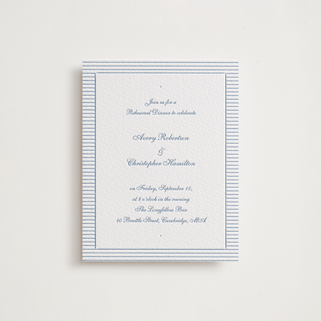 "Villa" - Letterpress Rehearsal Dinner Cards in Provincial Blue by Blustery August - Front