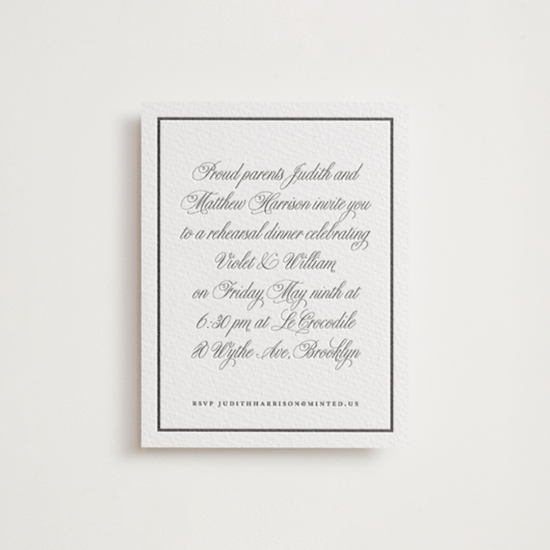"The Day" - Letterpress Rehearsal Dinner Cards in Soft Black by mo kelley - Front