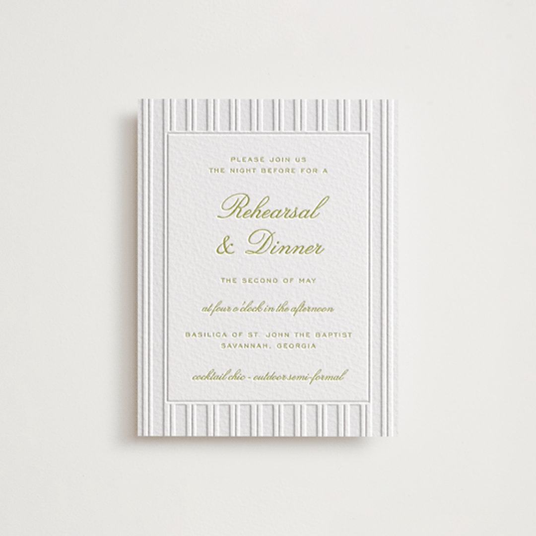 "Calia " - Letterpress Rehearsal Dinner Cards in Avocado by Ani Somi - Front