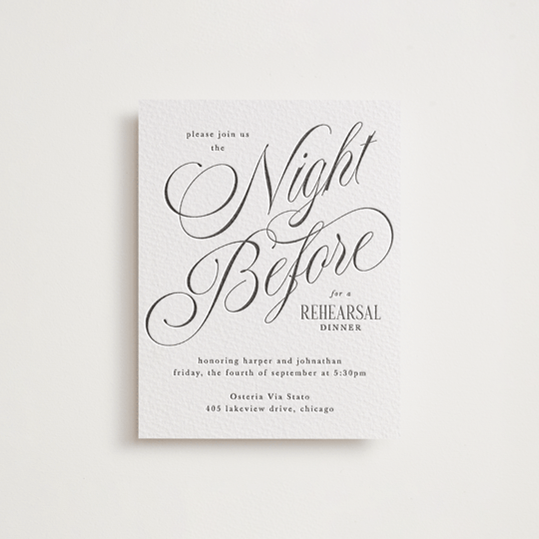 "Mirin" - Letterpress Rehearsal Dinner Cards in Soft Black by Kate Ahn - Front