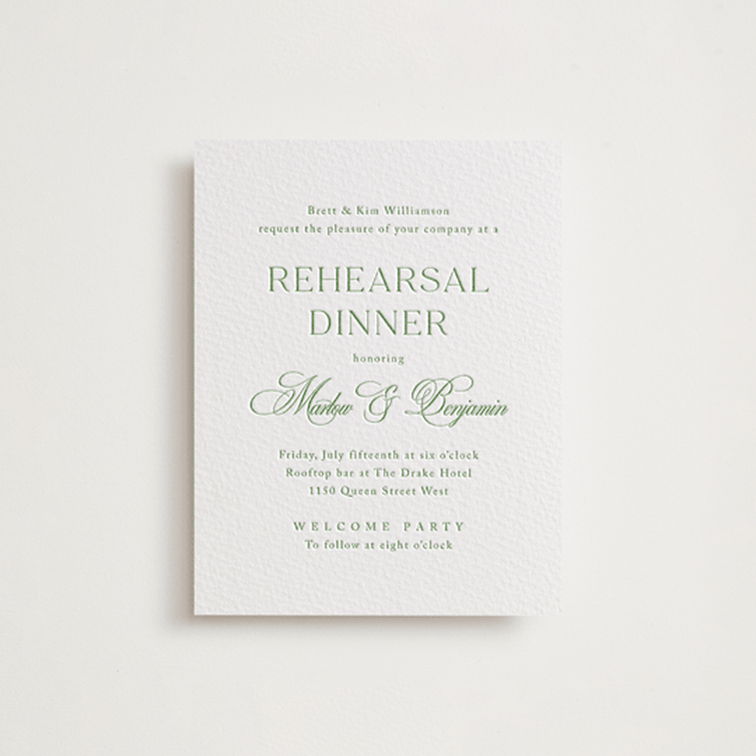 "Chic Script" - Letterpress Rehearsal Dinner Cards in Cucumber by Kelly Schmidt - Front