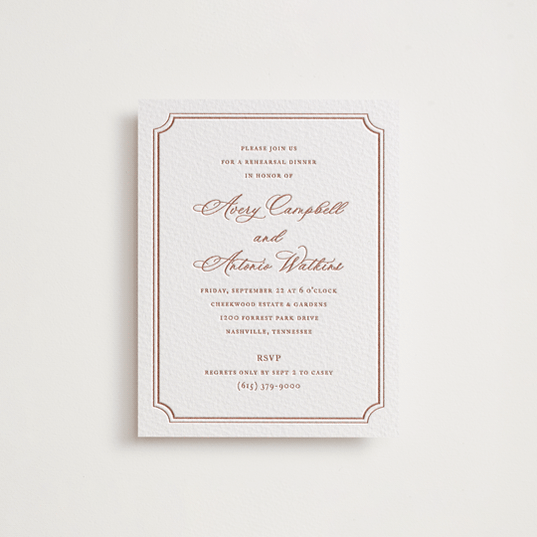 "Avery" - Letterpress Rehearsal Dinner Cards in Dusty Rose by Jennifer Postorino - Front