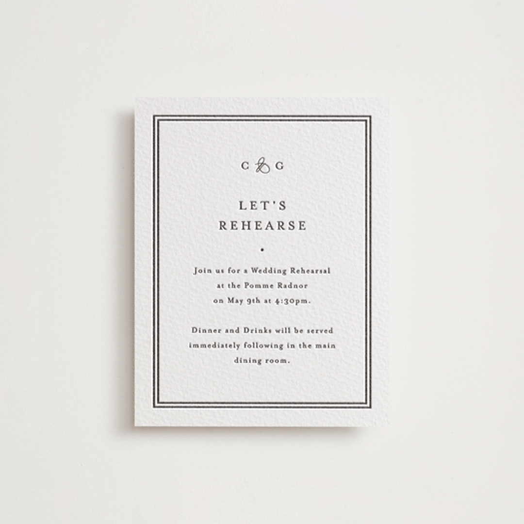 "Timeless Together" - Letterpress Rehearsal Dinner Cards in Soft Black by Carolyn MacLaren - Front