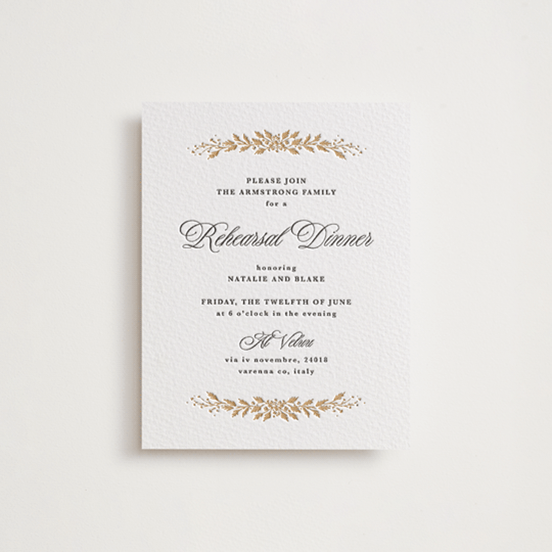 "Lake Como" - Letterpress Rehearsal Dinner Cards in Faux Gold by Kate Ahn - Front