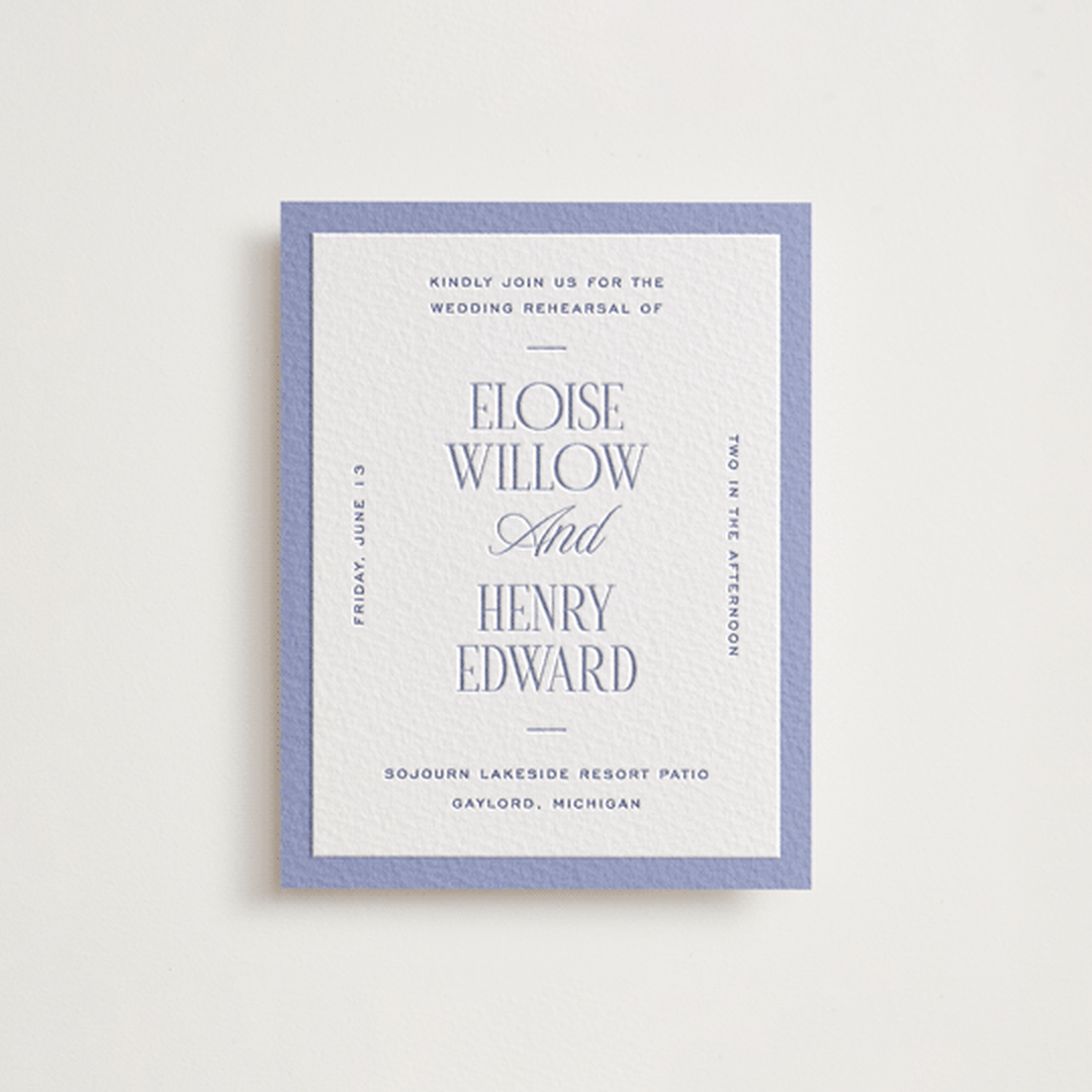 "Threaded" - Letterpress Rehearsal Dinner Cards in Periwinkle by Pixel and Hank - Front