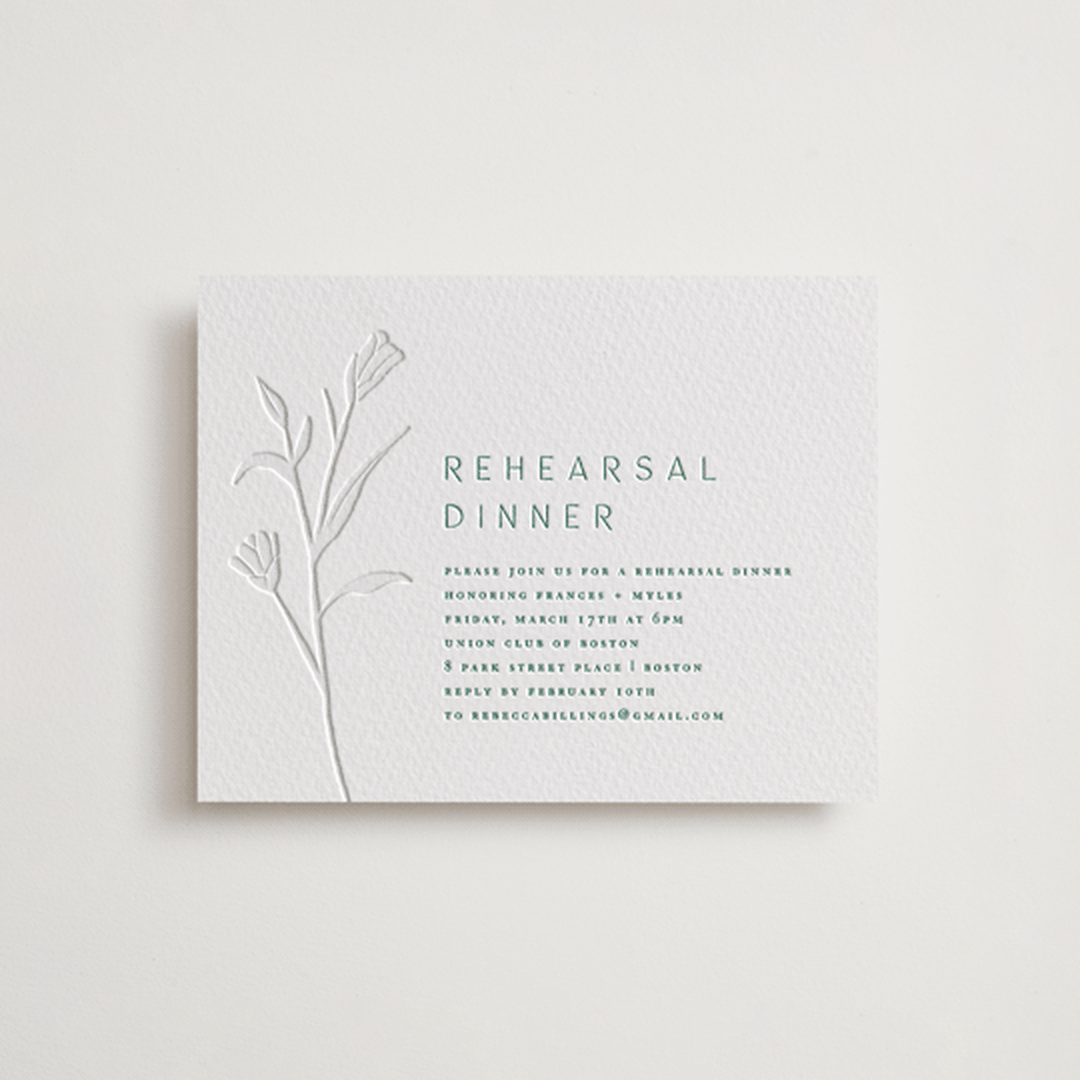 "Perennial" - Letterpress Rehearsal Dinner Cards in Cucumber by Amy Kross - Front