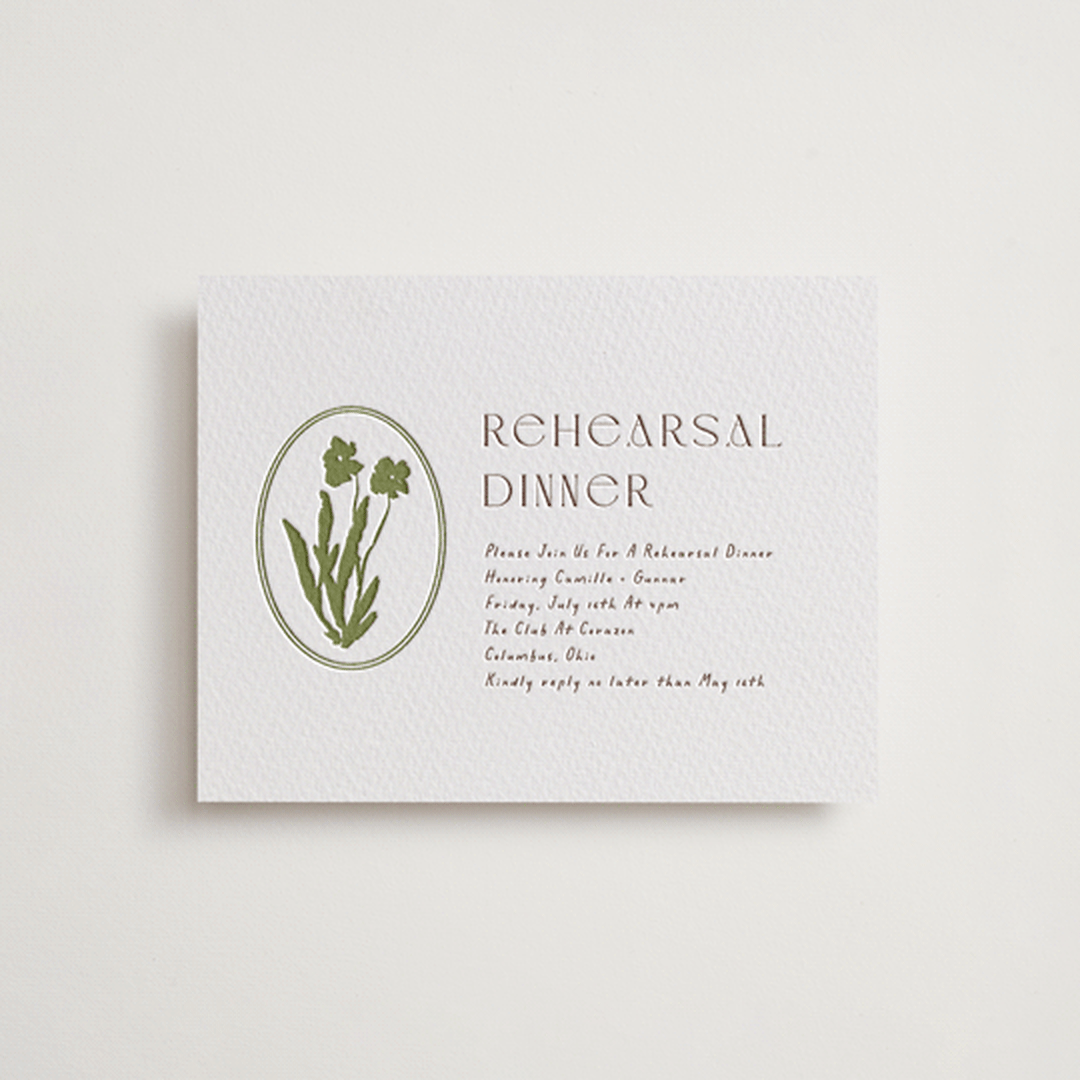 "la graine" - Letterpress Rehearsal Dinner Cards in Burnt Sienna by Alaina Cherup - Front