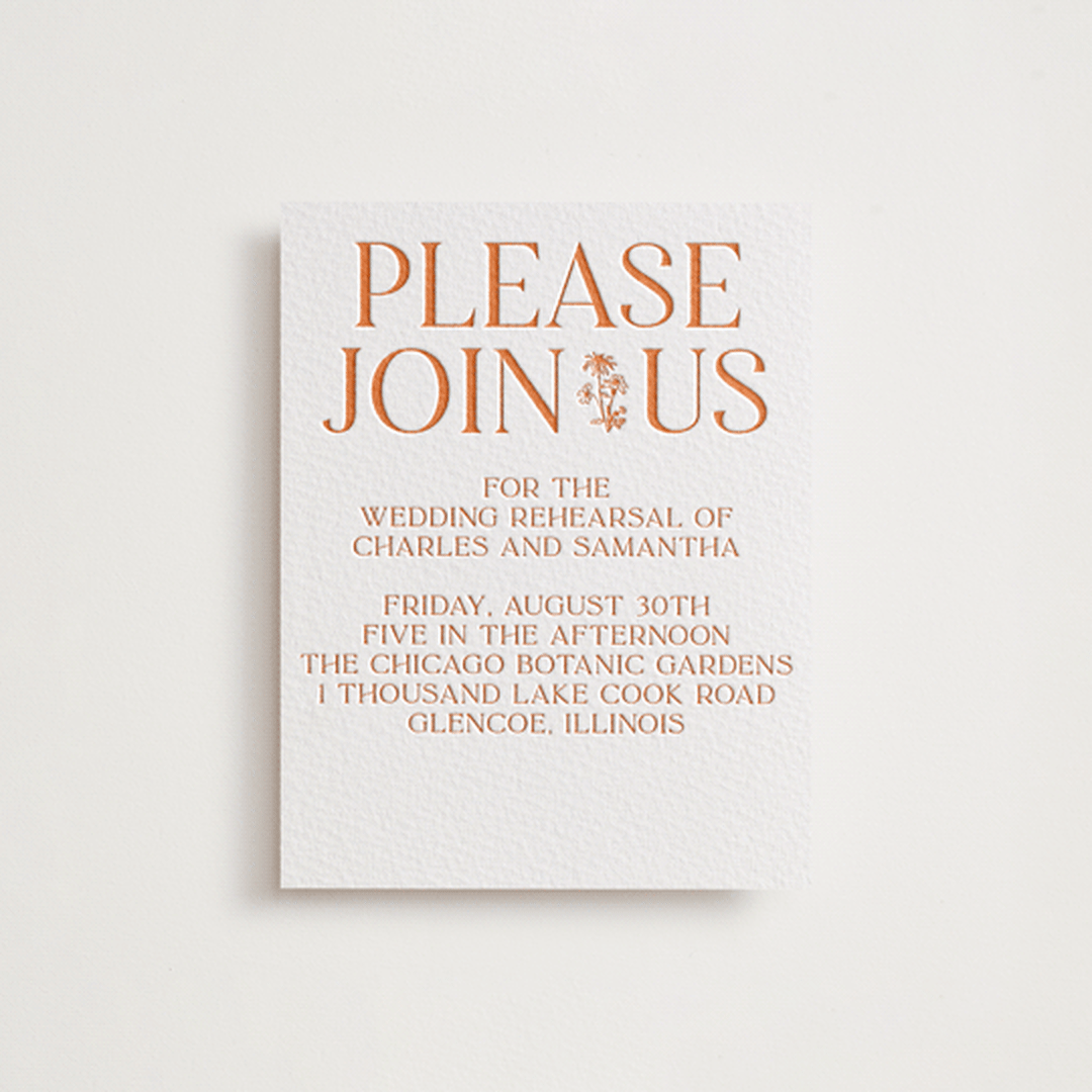 "Floral Emblem" - Letterpress Rehearsal Dinner Cards in Pumpkin by Baumbirdy - Front