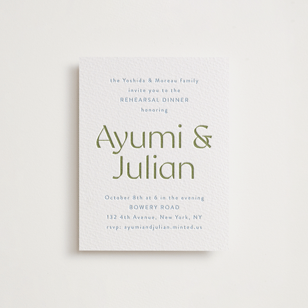 "Ayumi" - Letterpress Rehearsal Dinner Cards in Pistachio by Melanie Kosuge - Front