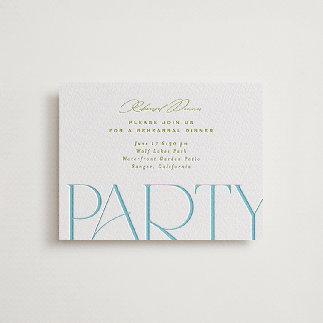 "Numerical" - Letterpress Rehearsal Dinner Cards in Pool by Owl and Toad - Front
