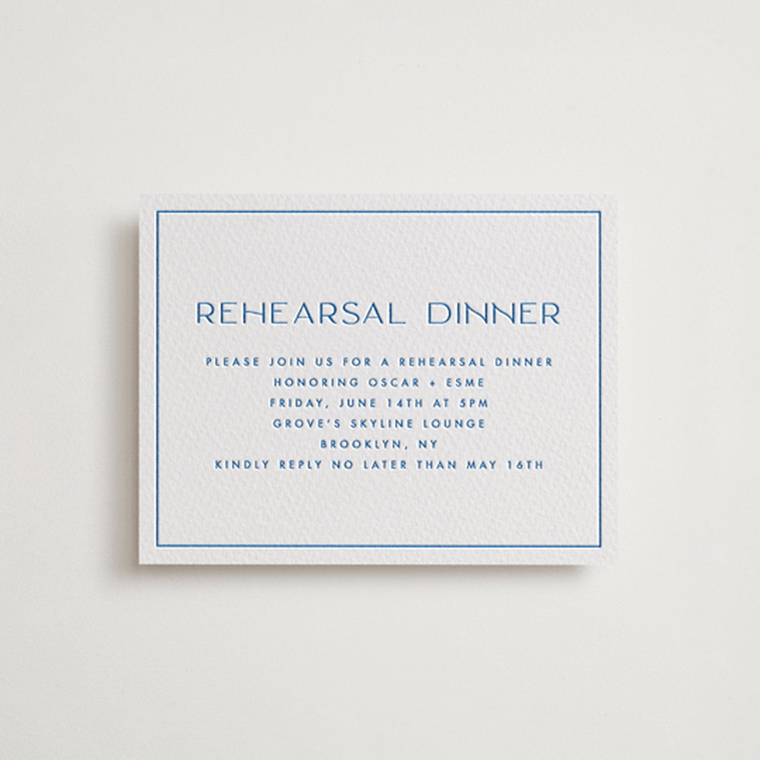 "Brooklyn" - Letterpress Rehearsal Dinner Cards in Sapphire by Ellen Schlegelmilch - Front