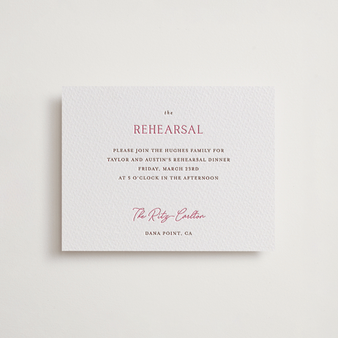 "In Love" - Letterpress Rehearsal Dinner Cards in Azalea Pink by Vanessa Doyle - Front