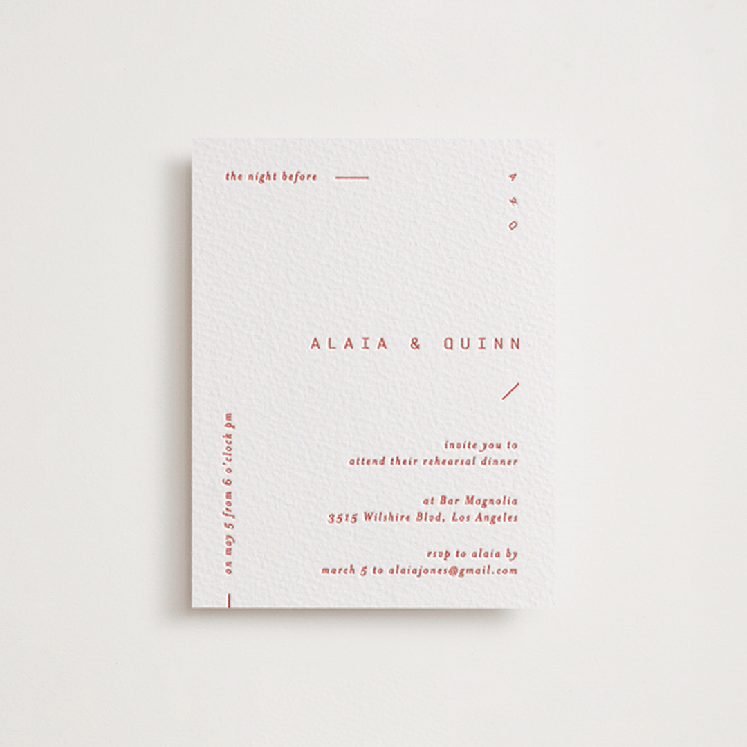 "Alaia" - Letterpress Rehearsal Dinner Cards in Verona Sunset by Blustery August - Front