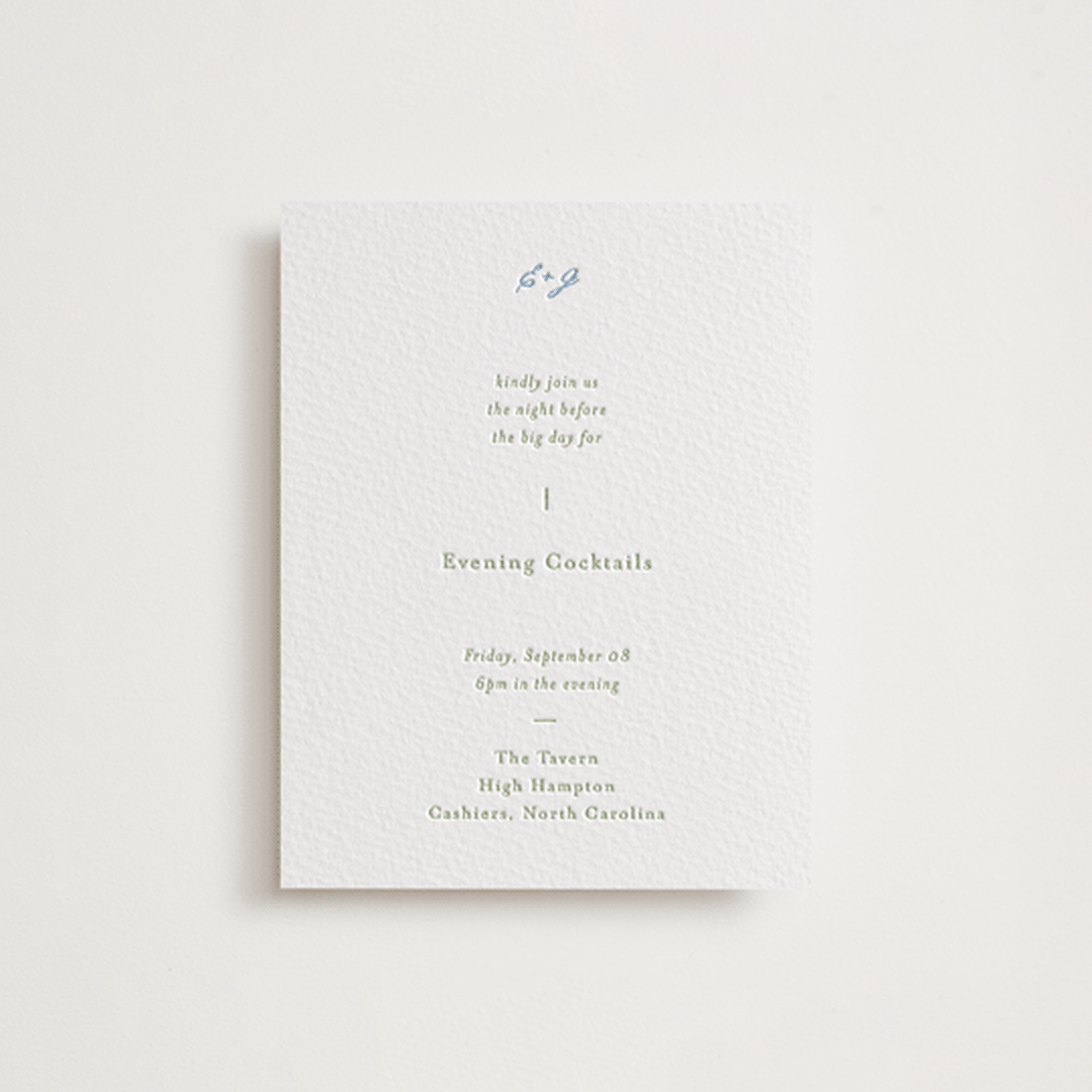 "Tuscany" - Letterpress Rehearsal Dinner Cards in Sky Blue by Blustery August - Front