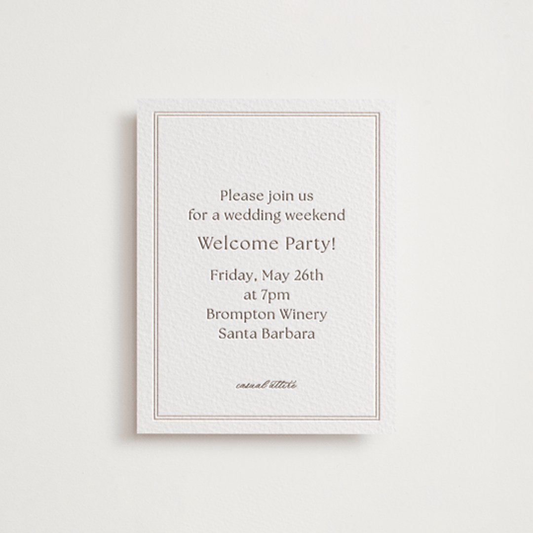 "Perriand" - Letterpress Rehearsal Dinner Cards in Coffee by Megan Davis - Front
