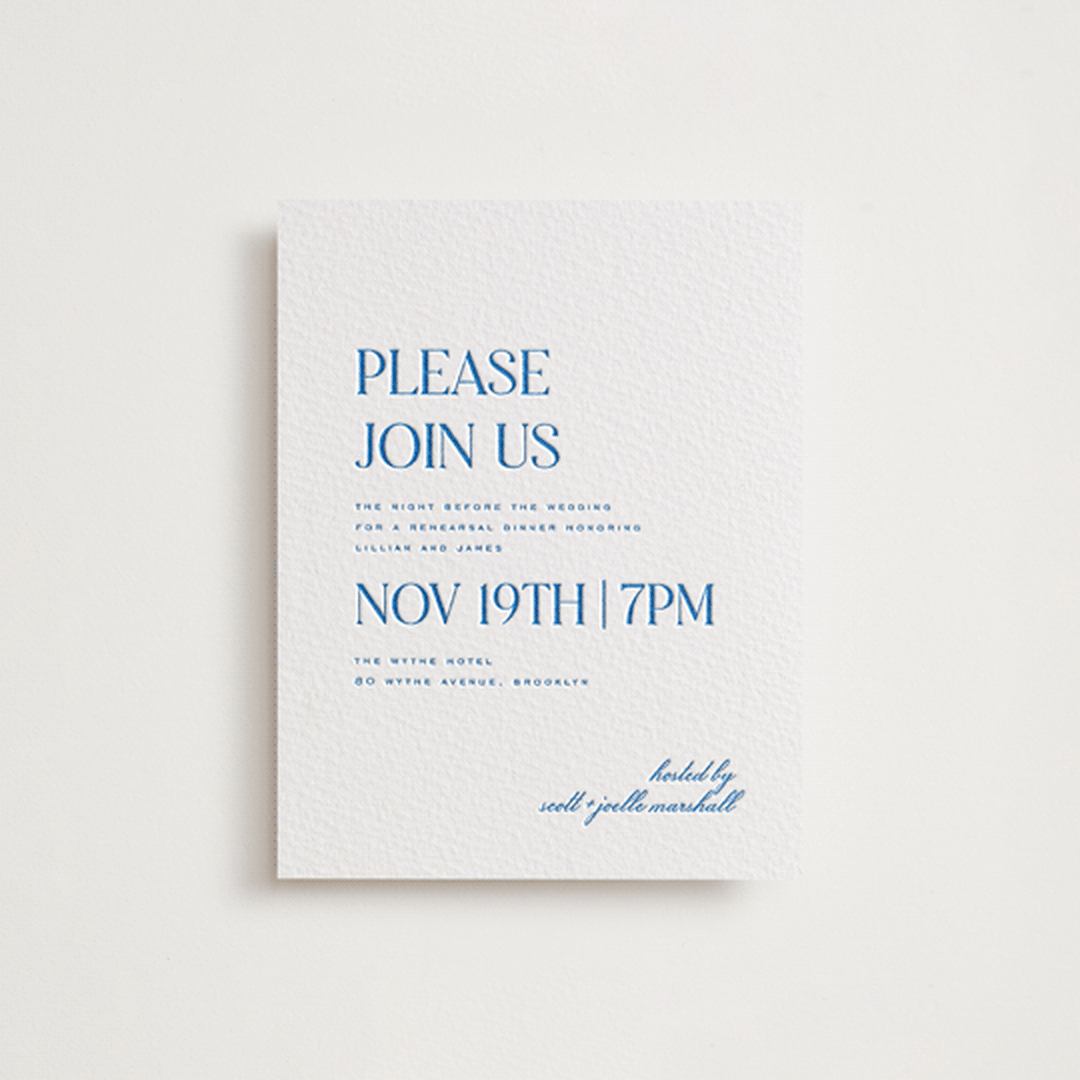 "Clarity" - Letterpress Rehearsal Dinner Cards in Sapphire by Heather Cairl - Front