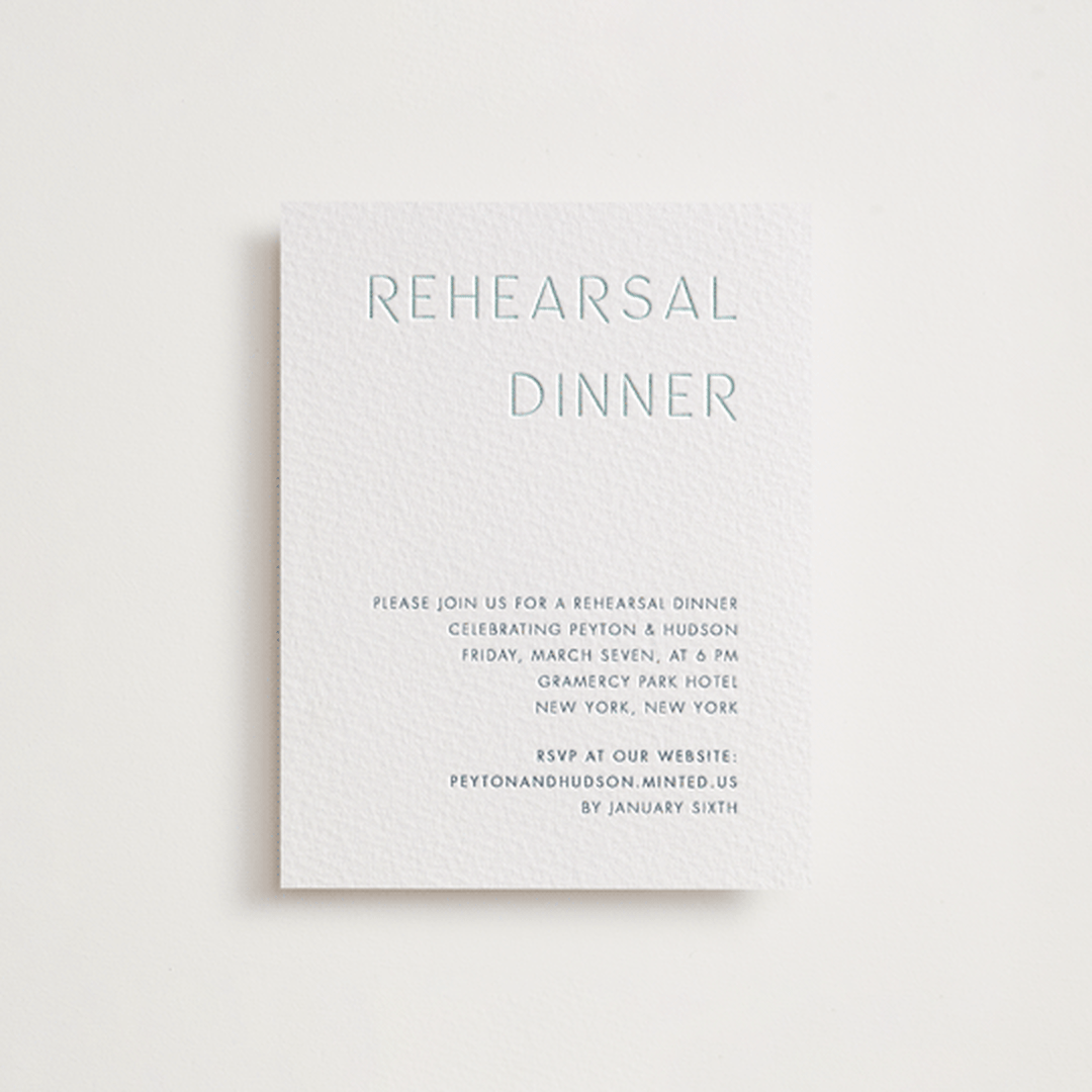"Juniper" - Letterpress Rehearsal Dinner Cards in Turquoise by Blustery August - Front