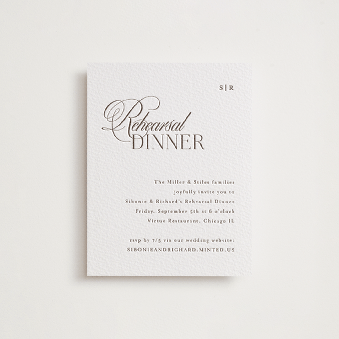 "Sibonie" - Letterpress Rehearsal Dinner Cards in Coffee by Melanie Kosuge - Front