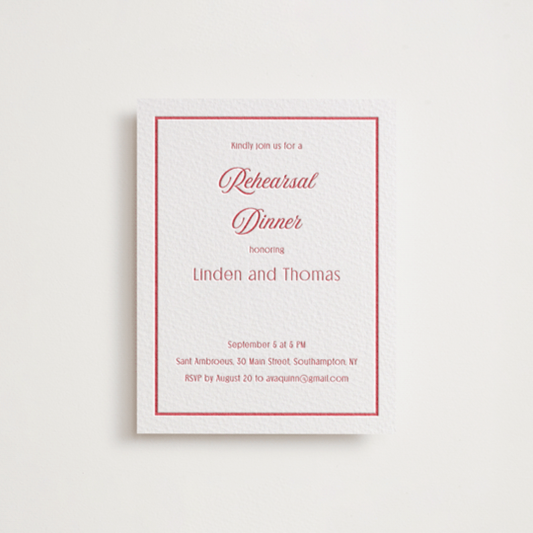 "Ritzy" - Letterpress Rehearsal Dinner Cards in Scarlet by Nicoletta Savod - Front